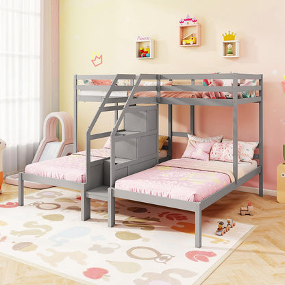 Goflame Twin Over Twin & Twin Bunk Bed Triple Bunk Beds with 4-Step Storage Stair