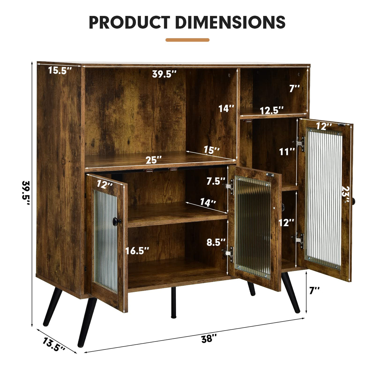 Goflame Storage Cabinet, Industrial Buffet Sideboard with Storage, 3 Door Wood Cupboard, 2 Creadenzas 2 Shelves