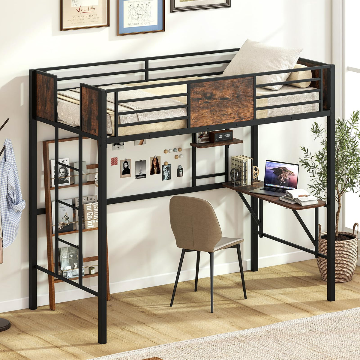 Goflame Twin Loft Bed with Desk - Heavy-Duty Metal Bed Frame w/Safety Guardrail
