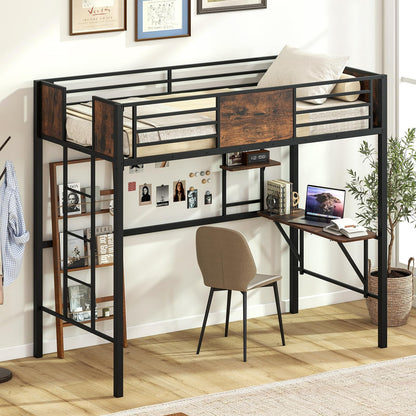 Goflame Twin Loft Bed with Desk - Heavy-Duty Metal Bed Frame w/Safety Guardrail