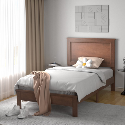 Queen/Full/Twin Size Platform Bed w/ Rubber Wood Legs & Integrated Headboard | Wooden Bed Frame
