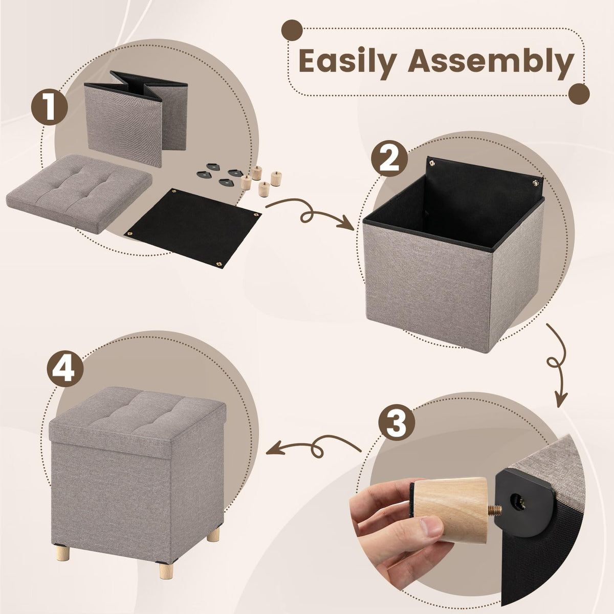 Goflame 18 Inches Ottoman with Storage and Rubber Wood Legs