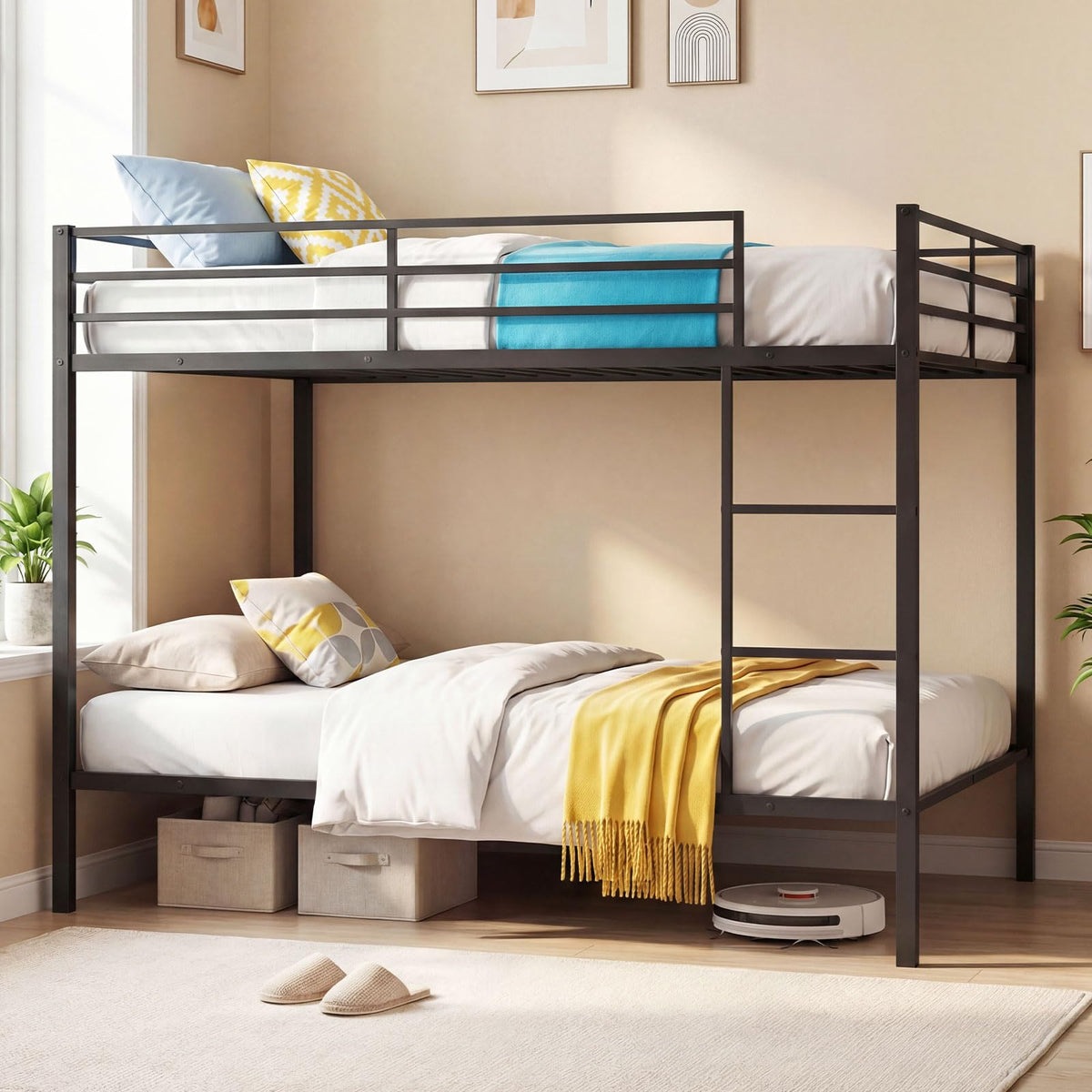 Goflame Heavy-Duty Metal Bunk Bed Full Over Full with Ladder & Full Length Safety Guardrail