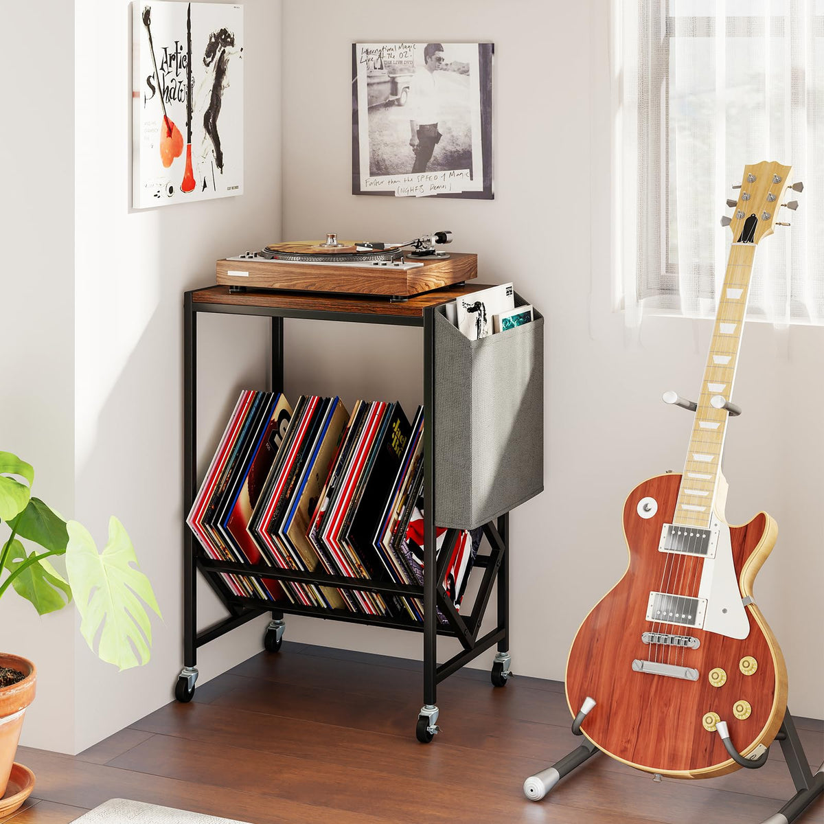 Goflame Rolling Record Player Stand 2-Tier with Vinyl Storage and Magazine Holder Bag