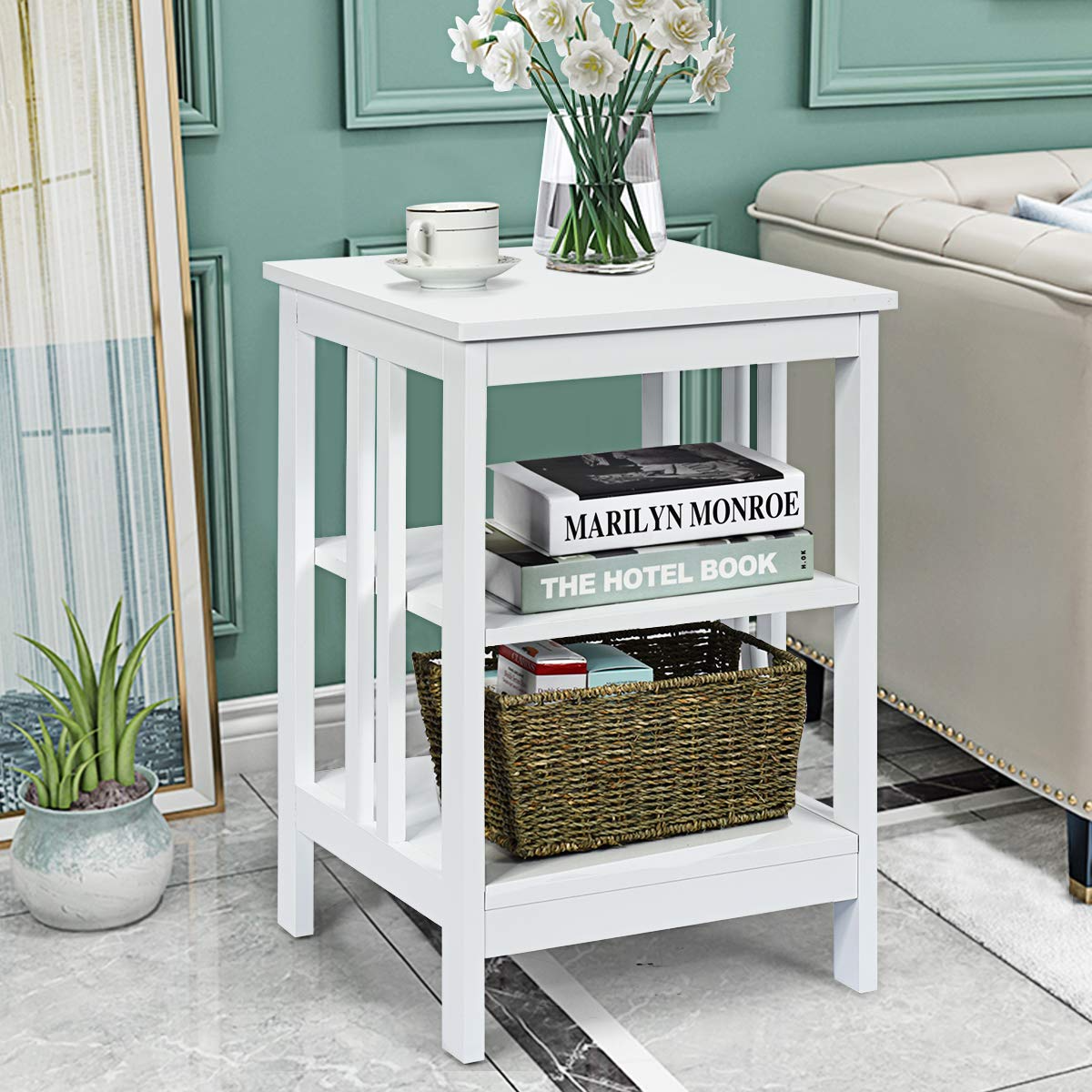 Goflame Nightstand 3-Tier Sofa Side Table W/Reinforced Bars and Stable Structure