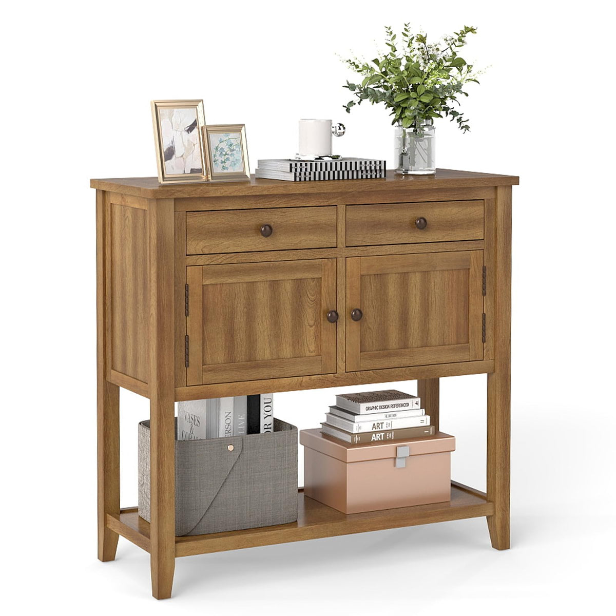 Goflame Mid-Century Console Table Wood Coffee Bar Buffet Sideboard with 2 Drawers
