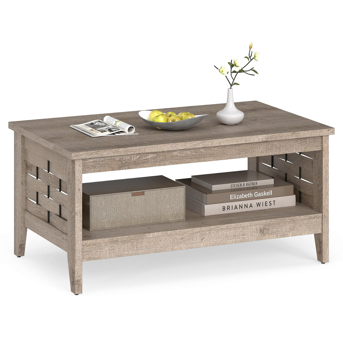 Goflame 2-Tier Farmhouse Coffee Table with Open Shelf and Woven Decorations for Living Room