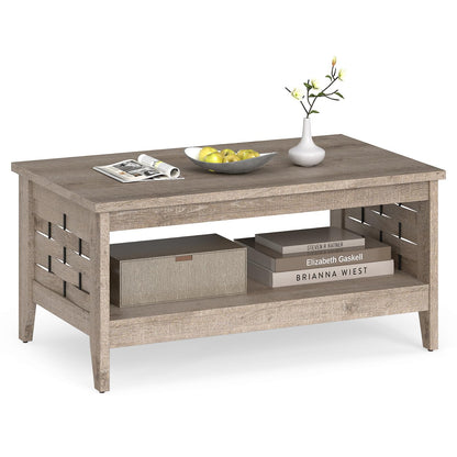 Goflame 2-Tier Farmhouse Coffee Table with Open Shelf and Woven Decorations for Living Room