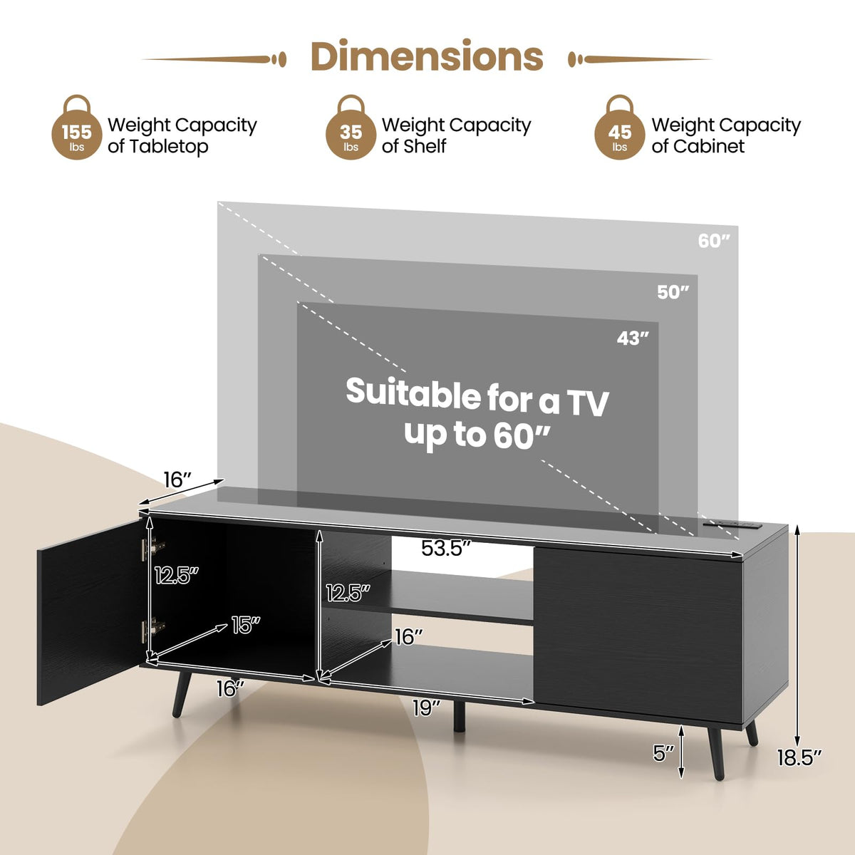 Goflame TV Stand with Power Outlet for TVs up to 60'', Entertainment Center with Cable Hole, Cabinets