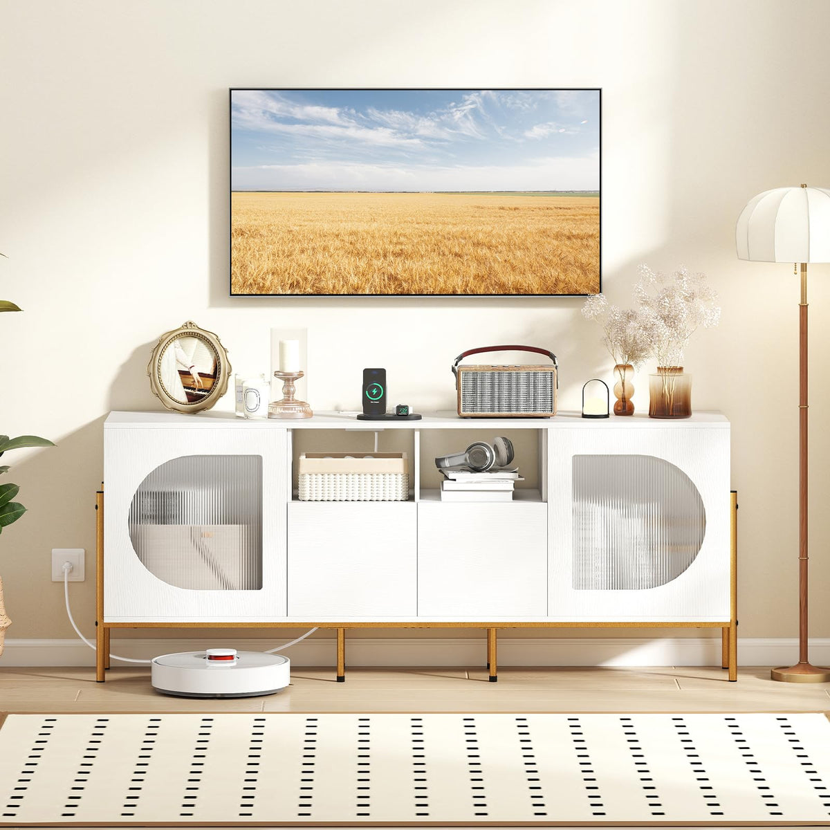 Goflame White TV Stand for TVs up to 70" Modern Entertainment Center with Power Outlets