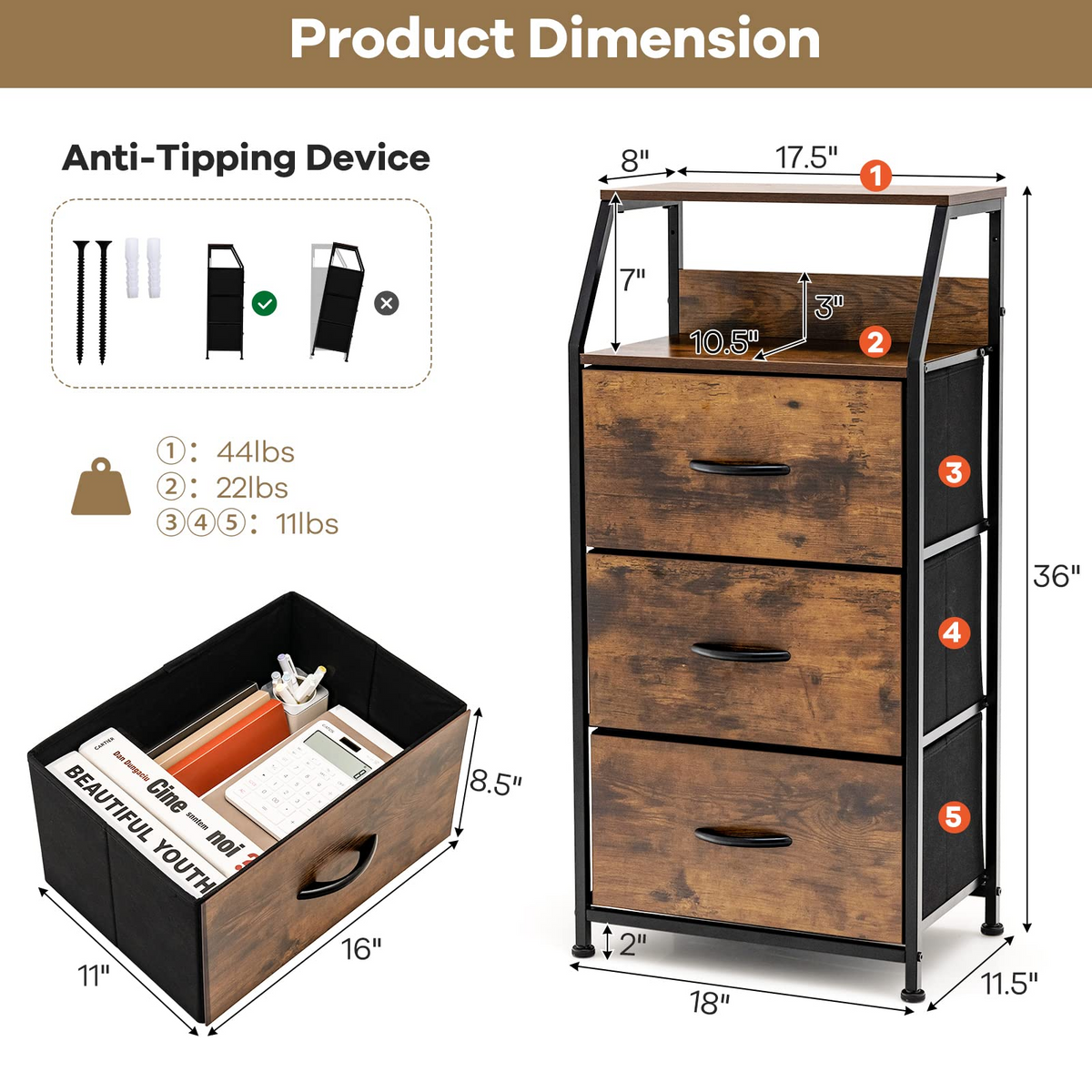 Goflame 3 Drawers Dresser, Storage Tower w/ 3 Foldable Fabric Drawers & Open Shelves