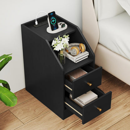 Goflame Side End Table with Charging Station Sofa Couch Table with Shelf Drawers