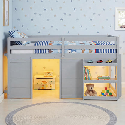 Goflame Wooden Low Kids Loft Bed with LED Lights and 2 Doors