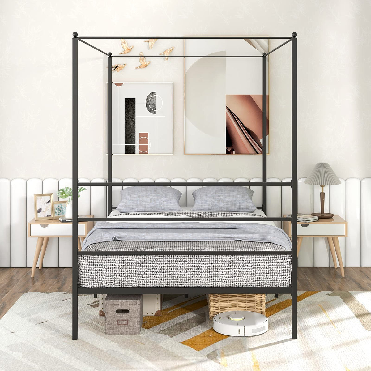 Goflame Full Size Metal Canopy Bed Frame, Modern Platform Bed Frame with 4 Poster & Headboard