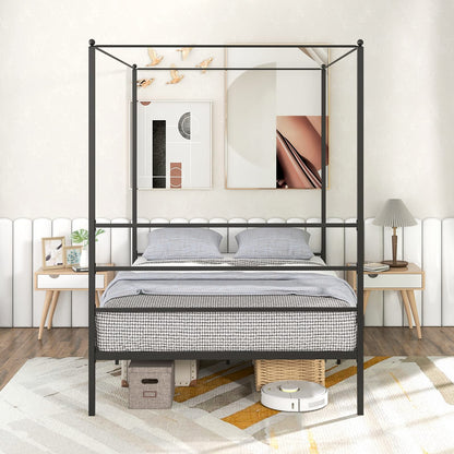 Goflame Full Size Metal Canopy Bed Frame, Modern Platform Bed Frame with 4 Poster & Headboard