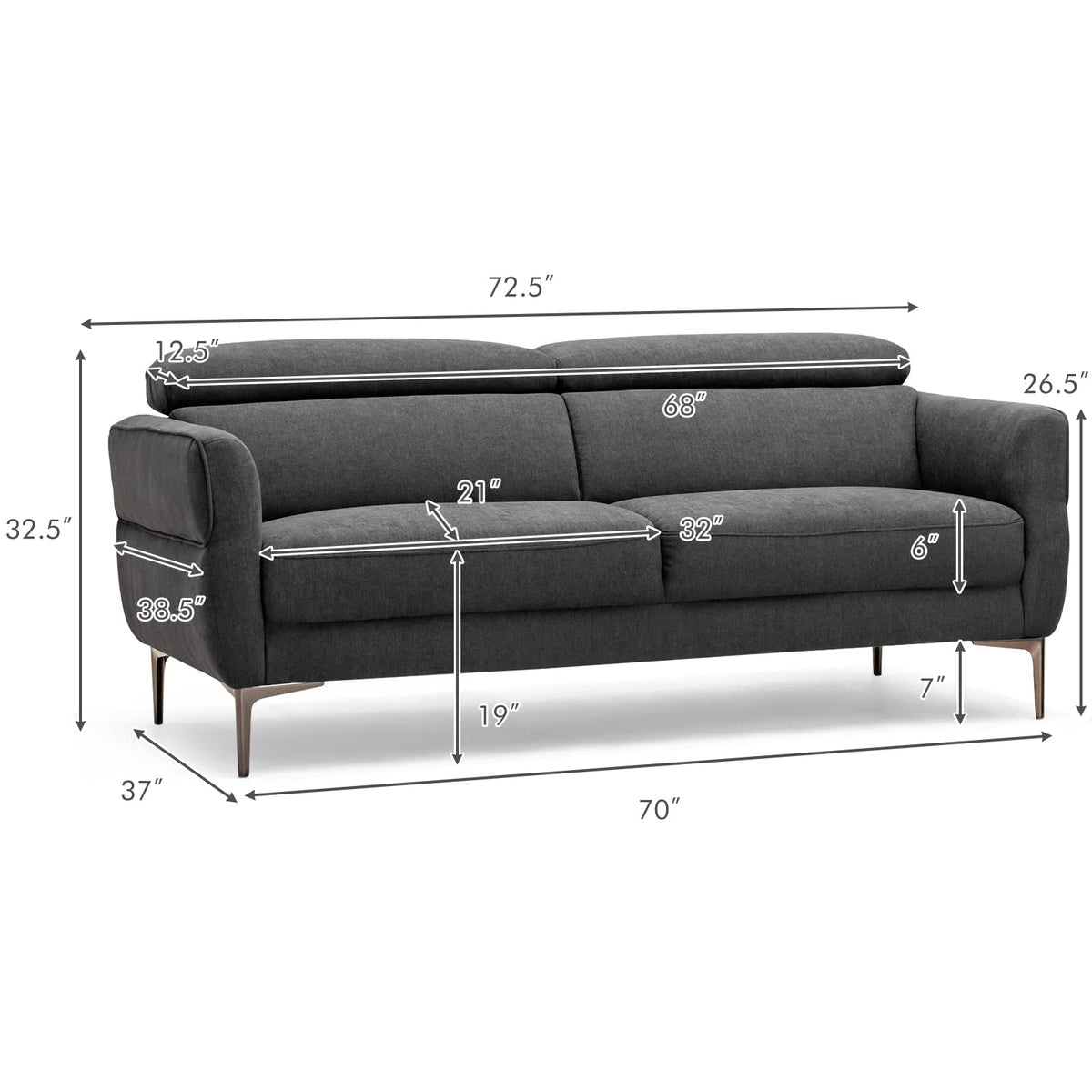 Goflame Couch, Upholstered Loveseat with Lift-up Headrest and Metal Legs