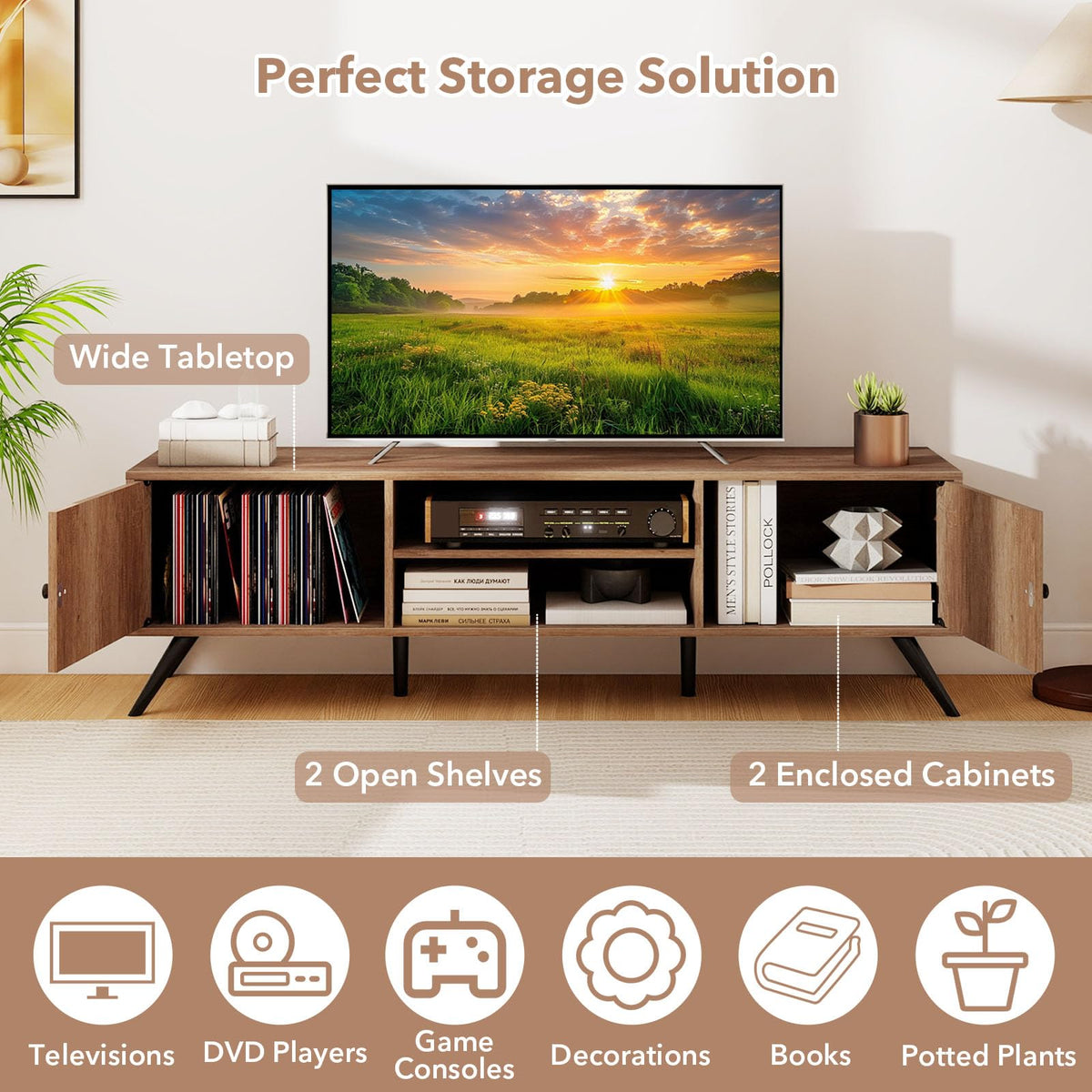 Goflame 2-Door TV Stand for TVs up to 65 Inch with Open Shelves