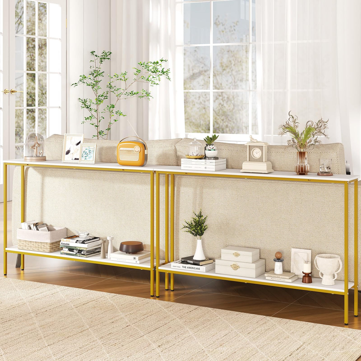 Goflame Gold Console Table with Shelf, 44" Narrow Entryway Table w/Dual Anti-Tipping Kits & Golden Metal Frame