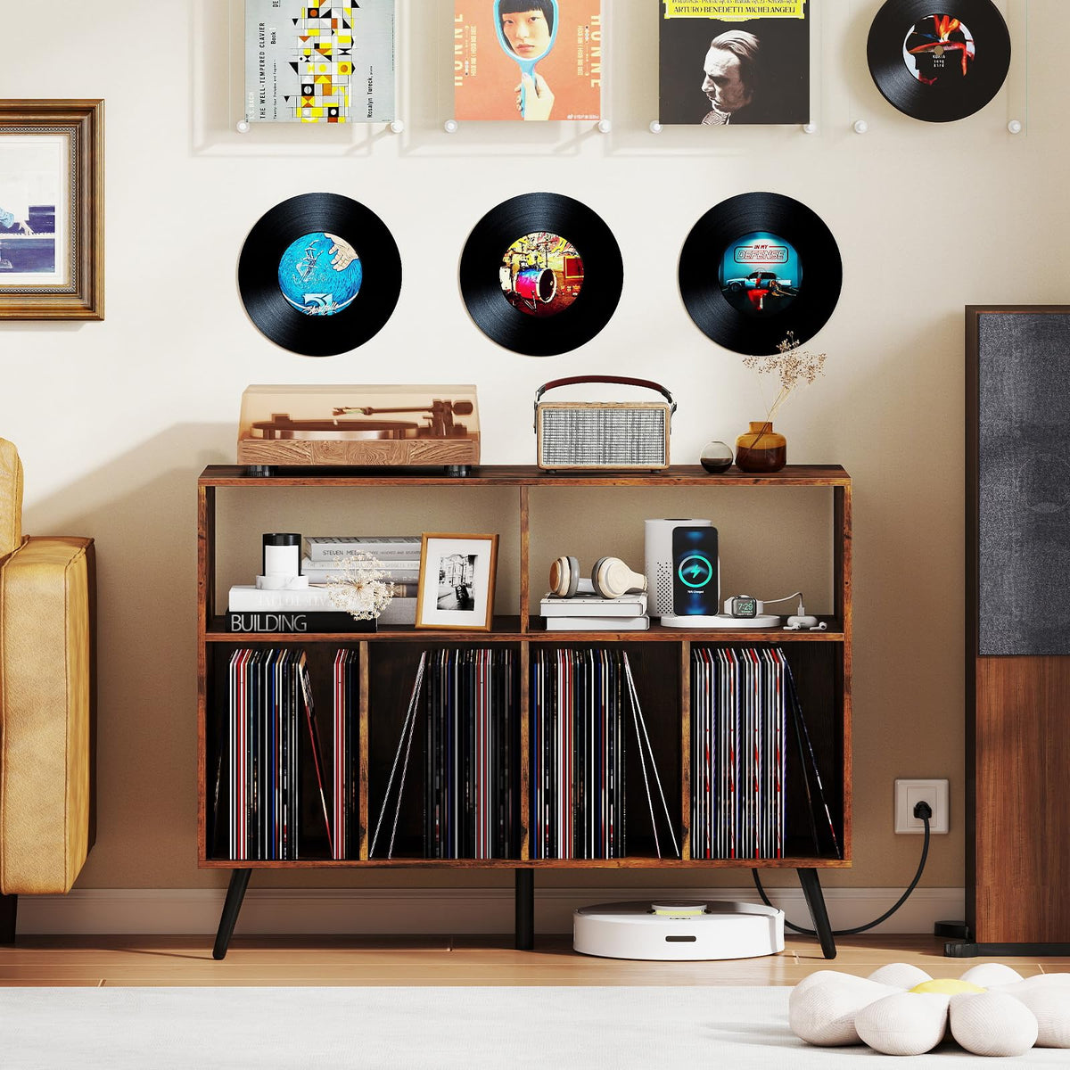 Goflame Large Record Player Stand with Charging Station