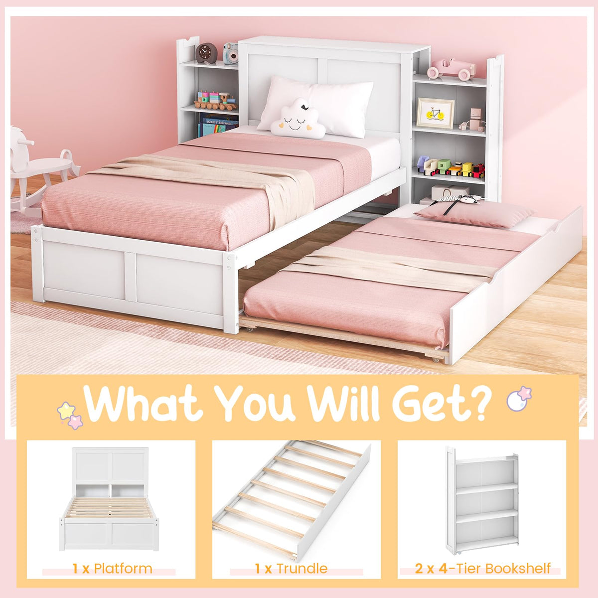 Goflame Full Bed Frame with Twin Trundle, Wooden Bed Wooden Bed Frame with 2 Rolling Bookcases & High Headboard