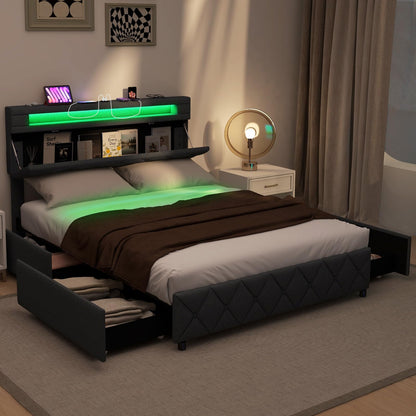 Goflame Queen/Full Size Bed Frame with Storage Headboard and 4 Drawers, Modern Upholstered Platform Bed with Charging Station