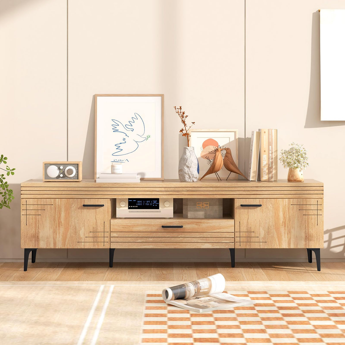 Goflame TV Stand for TV up to 65 Inches, Mid Century Modern Entertainment Center with 2 Cabinets
