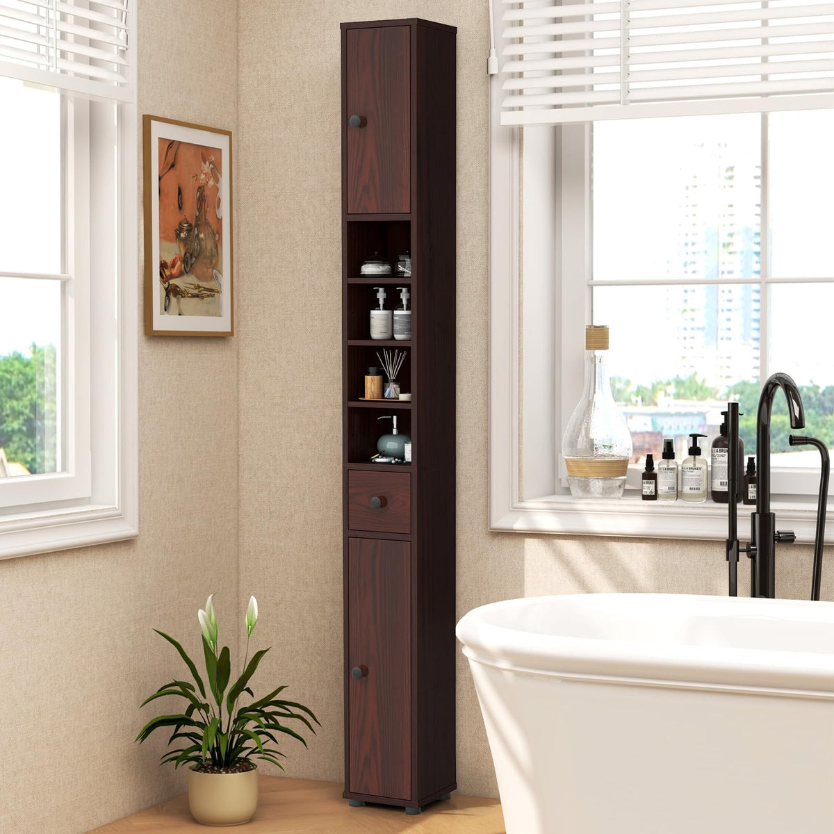 Goflame Slim Bathroom Storage Cabinet - 71" Tall Narrow Floor Cabinet Cupboard with 2 Doors
