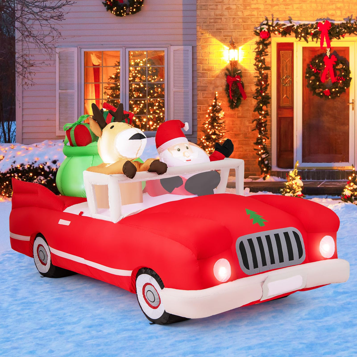 Goflame 7.7 FT Long Lighted Xmas Inflatable Santa Claus & Reindeer Driving Red Car Gift Boxes