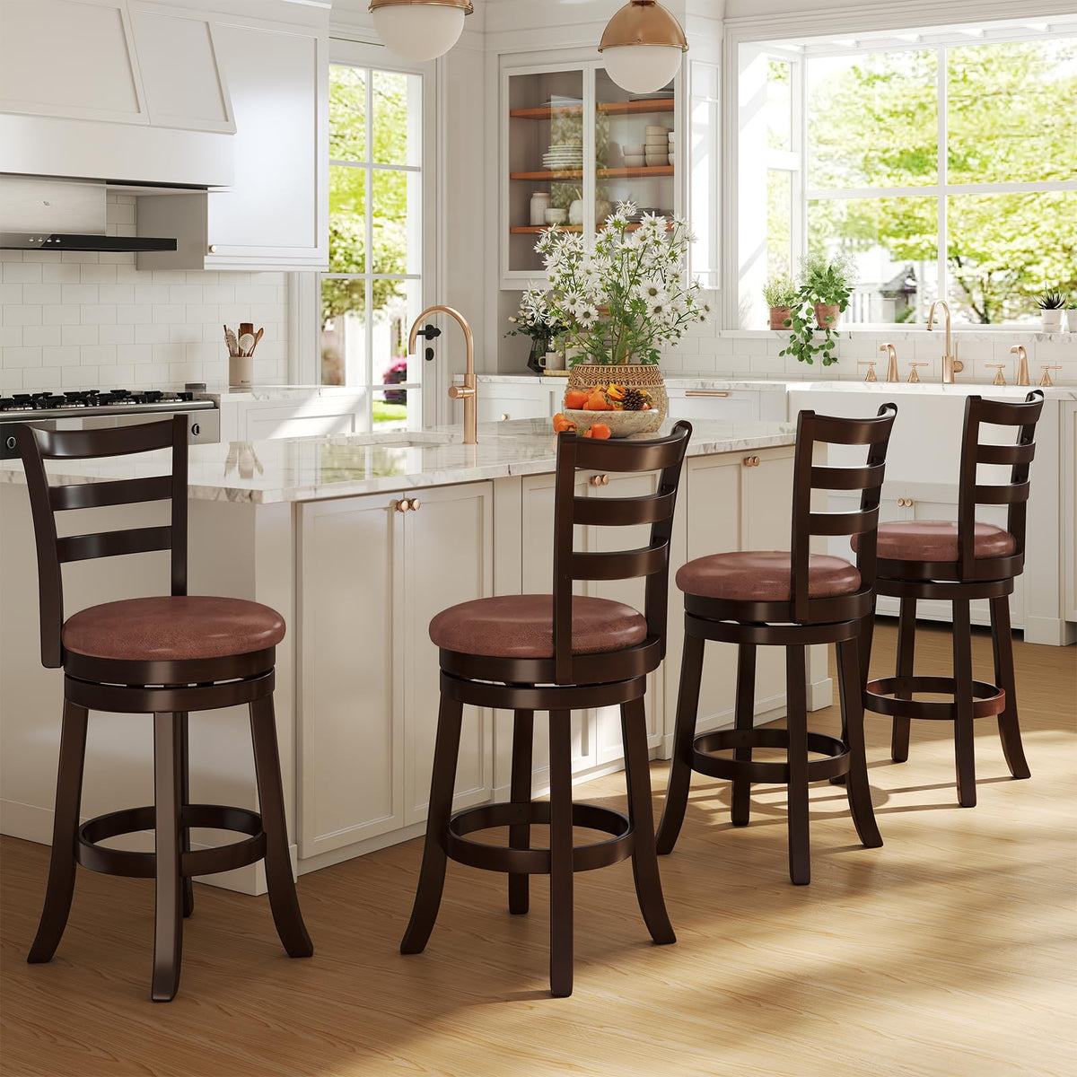 Goflame 26" Counter Height Swivel Barstools Set of 2/4 with Faux Leather Seat and Wrap-around Footrest