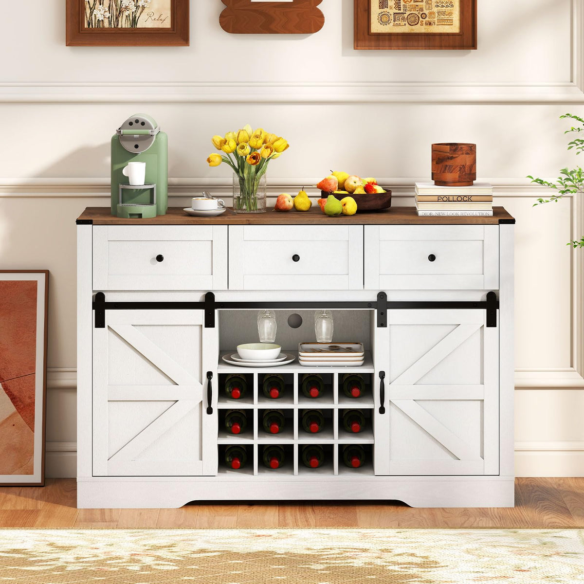 Goflame Wine Bar Cabinet with LED Lights 52" Buffet Sideboard w/Sliding Barn Door 3 Drawer