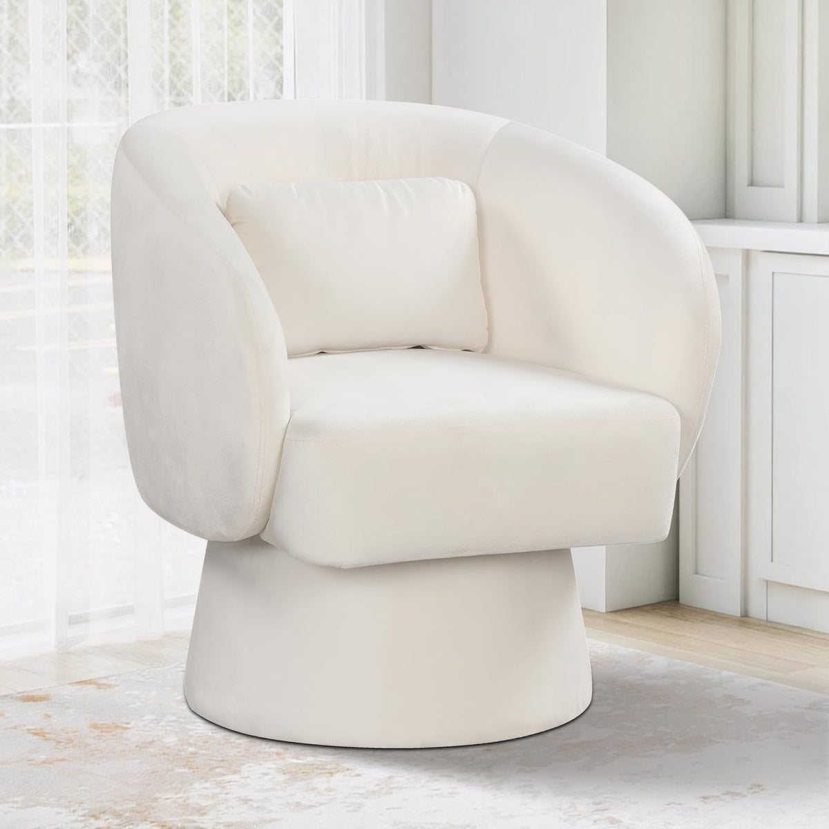 Goflame Swivel Accent Chair Upholstered Barrel Chair with Curved Back & Removable Lumbar Pillow