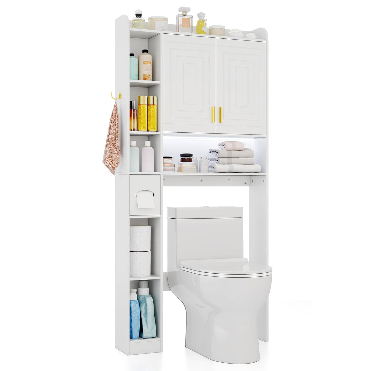 Goflame Over The Toilet Storage Cabinet with LED Light Doors Toilet Paper Holder