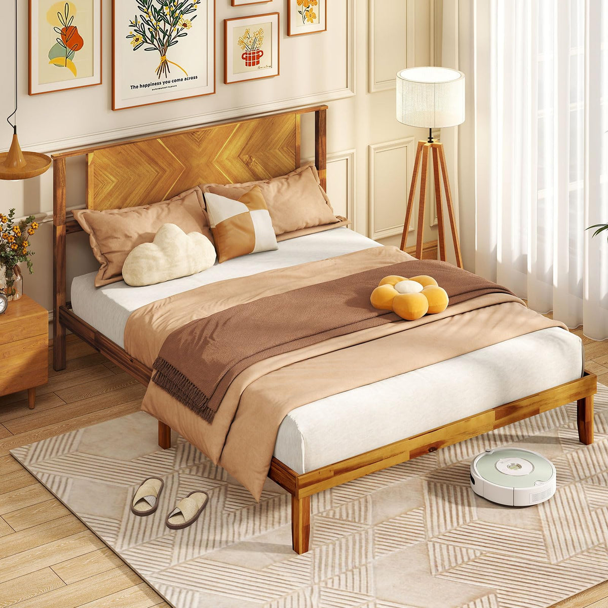 Goflame Queen/Full/Twin Size Acacia Wood Platform Bed Frame Mid-Century Modern Bed Frame with Headboard