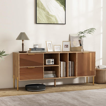 Goflame Mirrored Buffet Cabinet, Wooden Kitchen Sideboard Storage Cabinet w/2 Drawers & 1 Door Accent Cabinet
