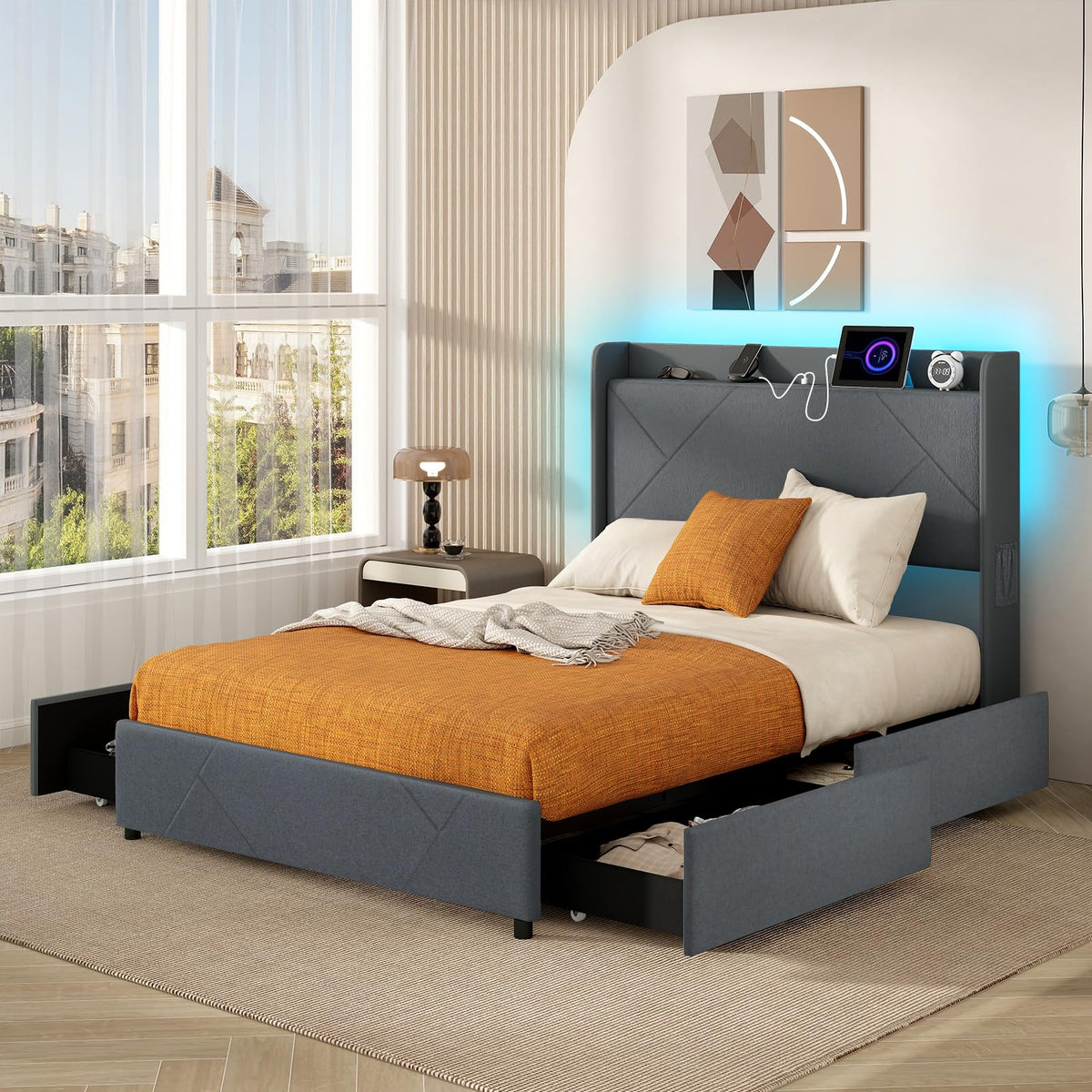 Goflame Full/Queen Size Bed Frame with 4 Storage Drawers & LED Lights, Headboard & Charging Station, Wooden Slats, Easy Assembly, Grey