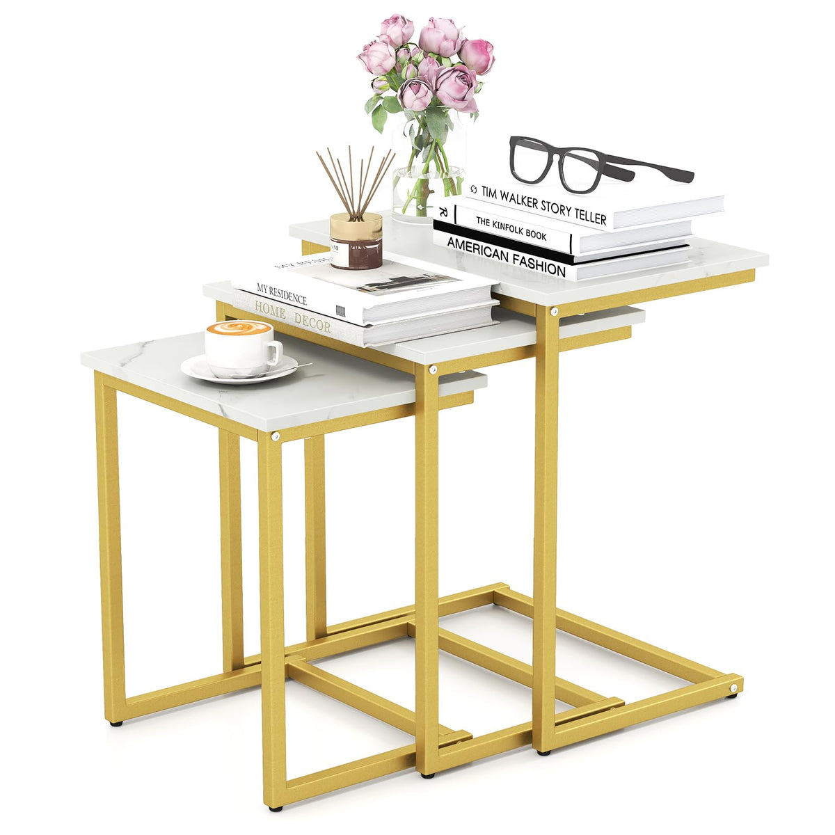 Goflame Nesting Coffee Table Set of 3 Stackable Square End Table w/Faux Marble Tabletop & Heavy-Duty Metal Frame