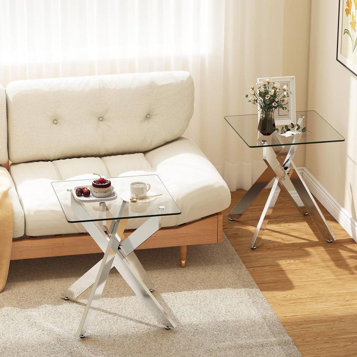 Goflame Glass Side Table Square Sofa Couch End Table