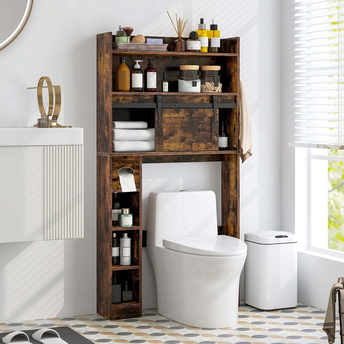 Goflame Over The Toilet Storage Cabinet, 6-Tier Freestanding above Toilet Rack with Gliding Door