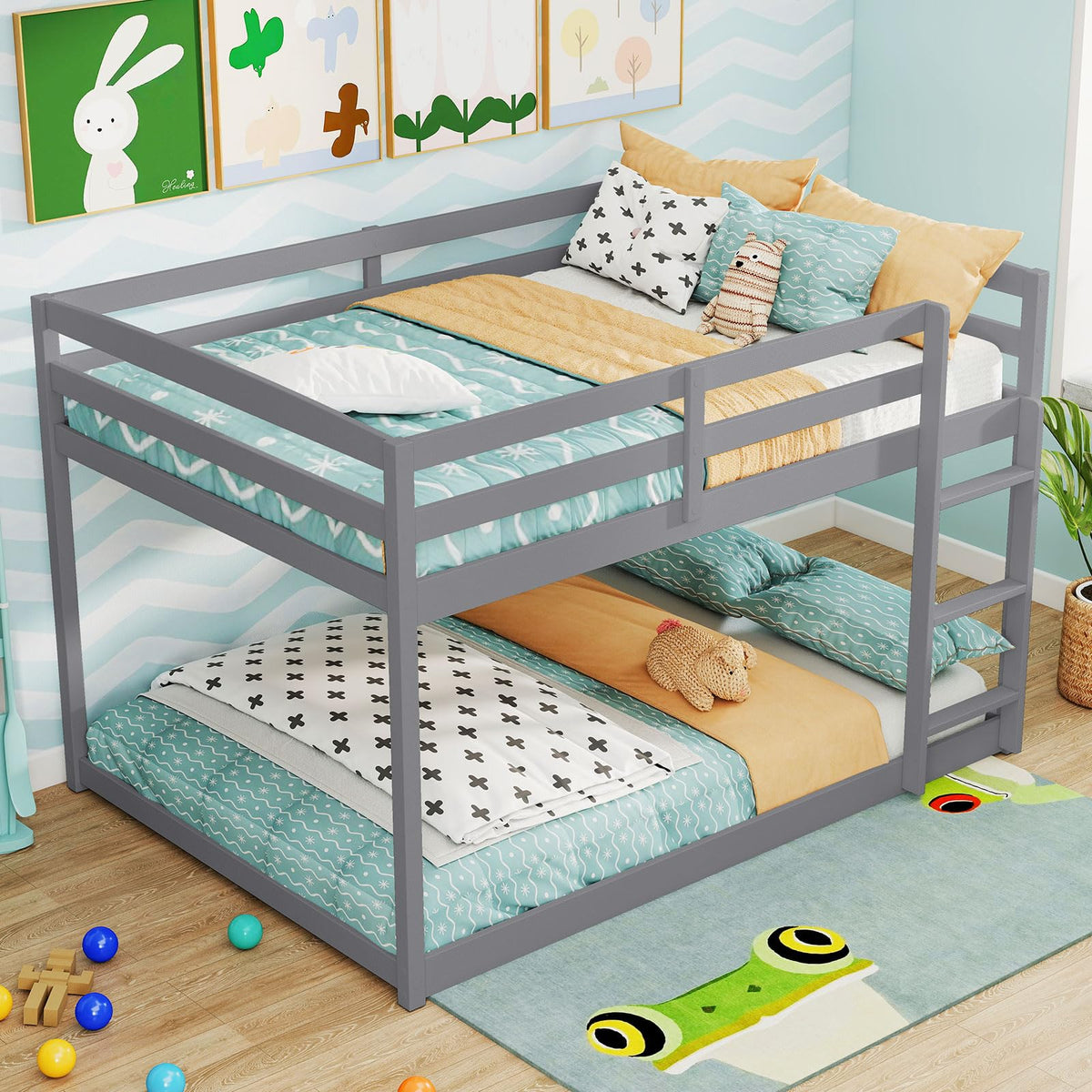 Goflame Full Over Full Bunk Bed Solid Wood Kids Bunk Bed with Full-Length Guardrails