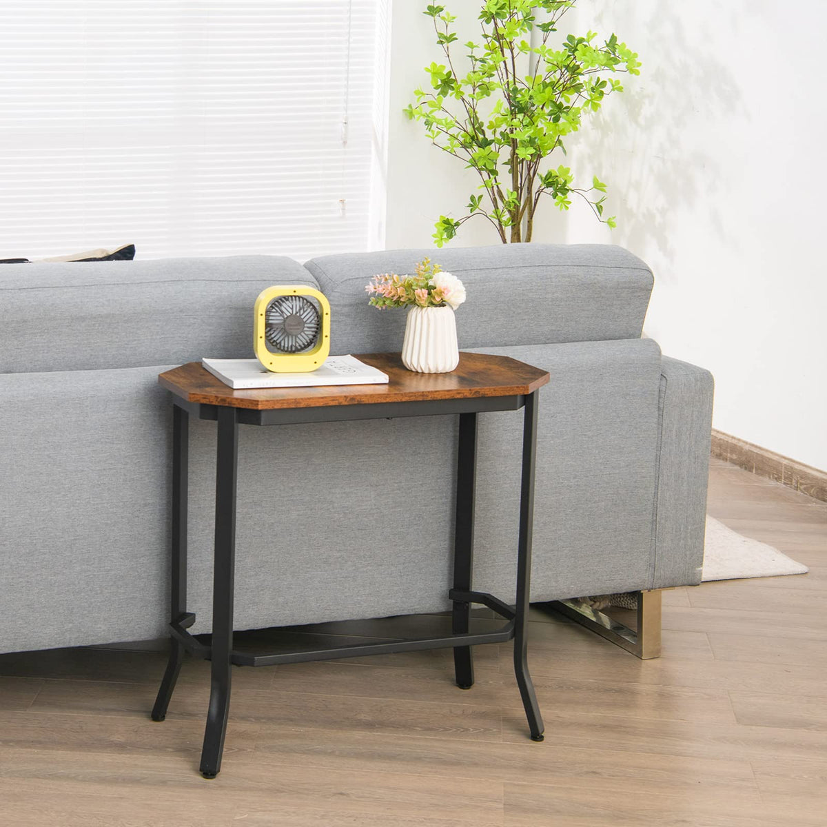Goflame Narrow End Table w/Rustic Wood Grain & Stable Steel Frame, 25.5"x12.5"x24.5" Rustic Brown