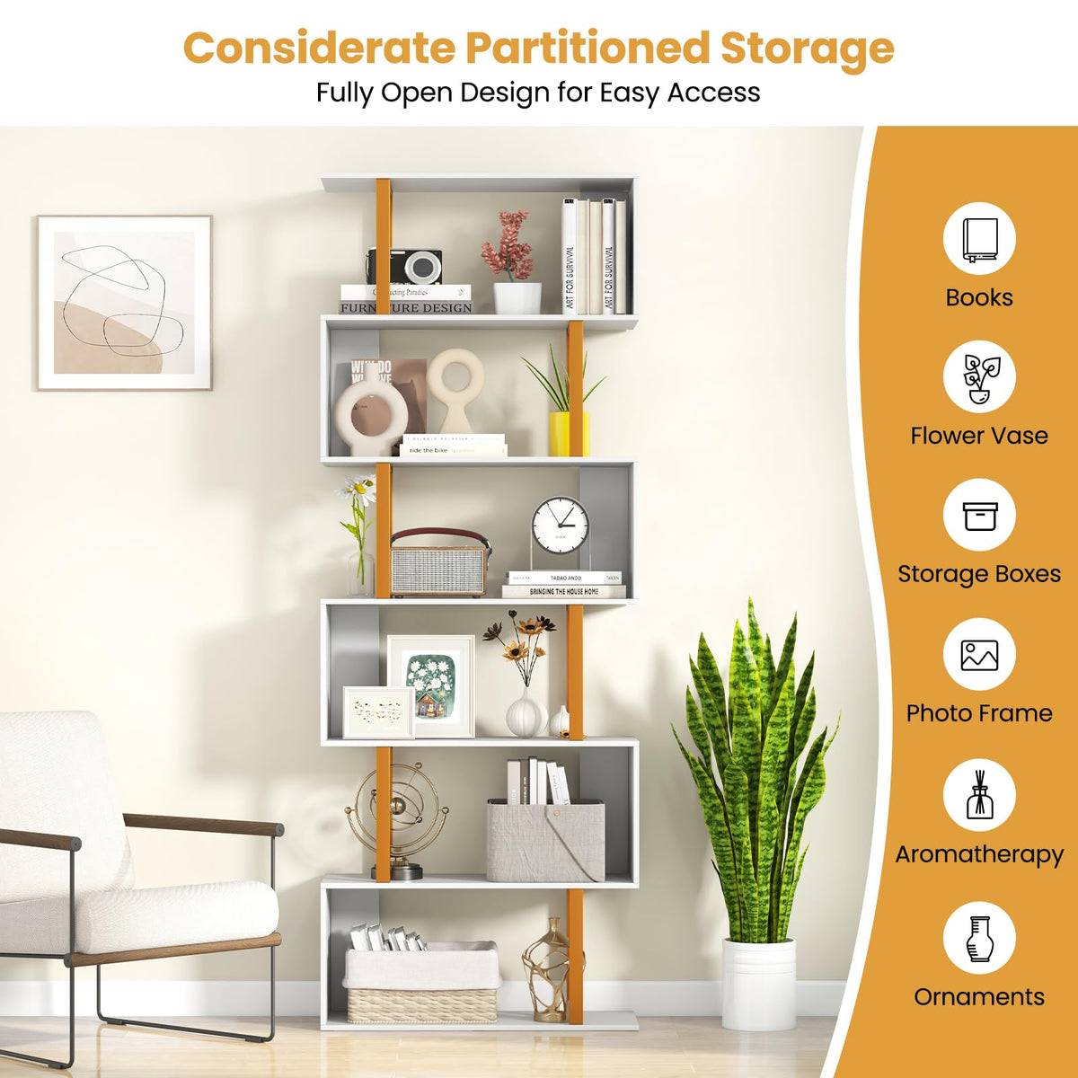 Goflame 6-Tier Modern S-Shaped Bookshelf with Anti-Tipping Kits