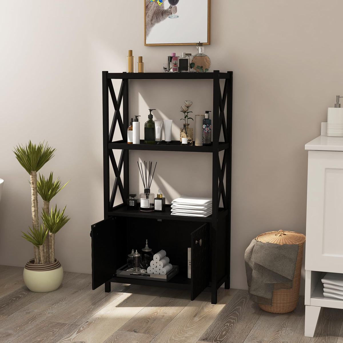 Goflame Storage Cabinet, Freestanding Storage Organizer with Open Shelves, Double Doors