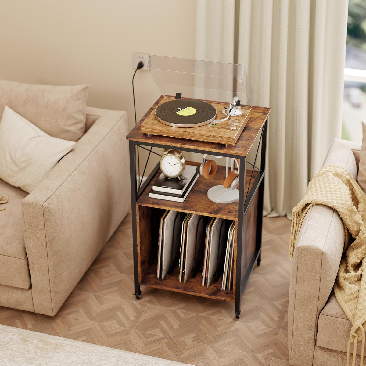 Goflame Record Player Stand with Charging Station Rolling 3-Tier Turntable Stand