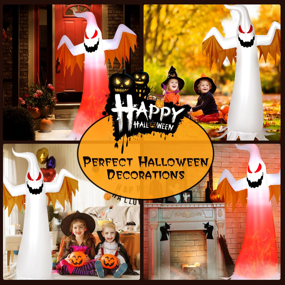 8 FT Halloween Inflatable White Ghost W/ Rotatable Flame LED Lights, Air Blower, Stake, Sandbag