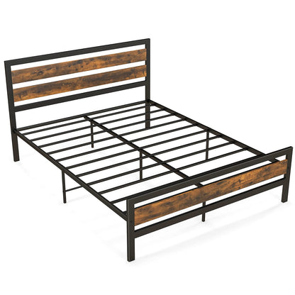 Goflame Queen Metal Platform Bed Frame with Wooden Headboard & Footboard, Rustic Brown