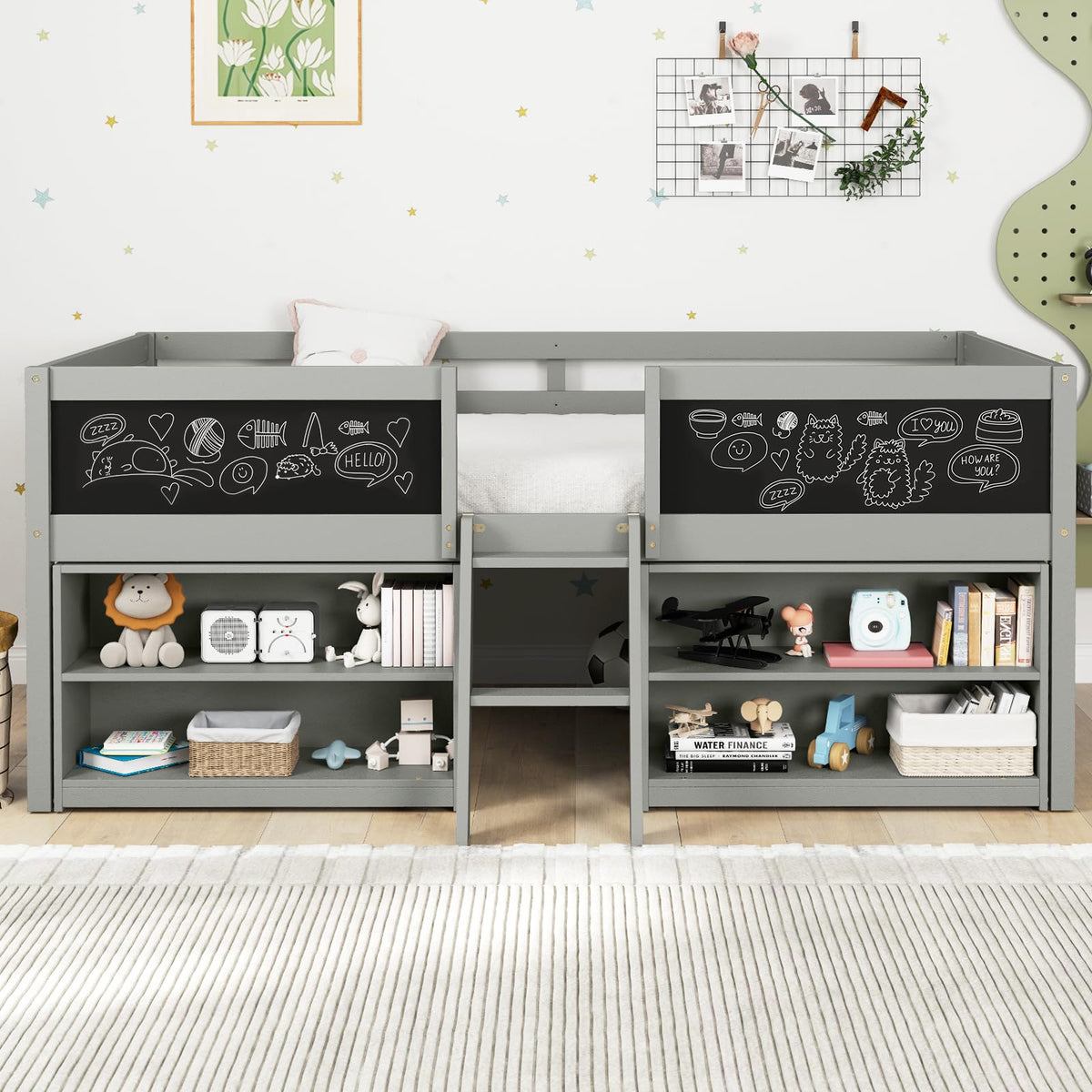 Goflame Low Loft Bed Twin Size, Wooden Loft Bed with Ladder & Blackboard