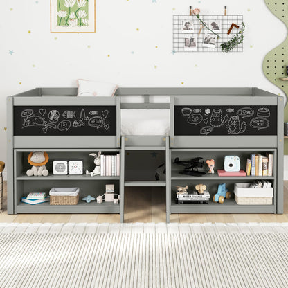 Goflame Low Loft Bed Twin Size, Wooden Loft Bed with Ladder & Blackboard
