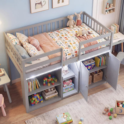 Goflame Low Loft Bed Twin Size with LED Lights, Wooden Bed Frame