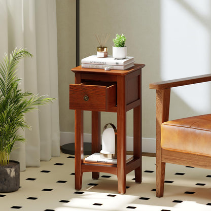 Goflame Narrow End Table with Drawer 23.5" H Side Table w/Open Storage Shelf & Solid Wood Frame