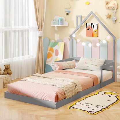 Goflame Twin Floor Bed for Kids, Wood Montessori Floor Bed with Chimney Headboard & Handrail